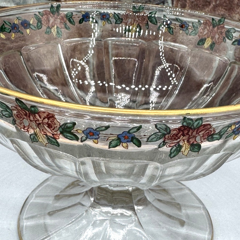 Vintage Glass Compote Pedestal Bowl UV REACTIVE‎ Maganese Hand-Painted Floral - Picture 5 of 8